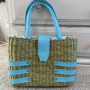 Woven Straw Tote Bag Blue Trim Polka Dot Lining Beach Purse